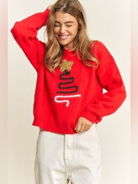 Red Christmas Tree Sweater Sequin Gold Star Tinsel Knit Pullover Holiday M